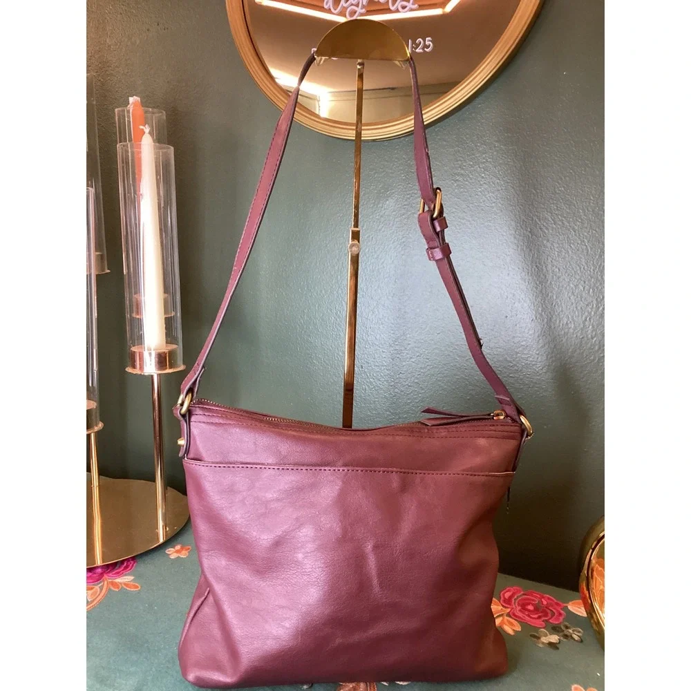 ROSSETTI Burgundy Shoulder Bag Vintage 80s vibes Zipper Accents Adjustable Strap